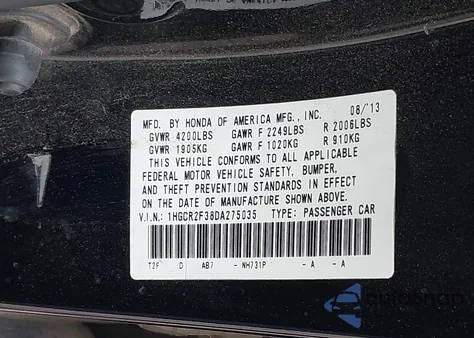 2013 Honda Accord Lx from USA, damaged, VIN 1HGCR2F38DA275035